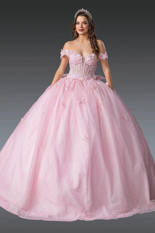 Front view of a Blush quinceañera gown with off-the-shoulder neckline, sheer corset bodice, floral appliqués, and glitter tulle skirt