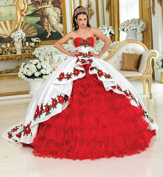 Quinceañera | White Red Charro Traditional Ball Gown with Embroidered Floral Accents | Xuxa dress front