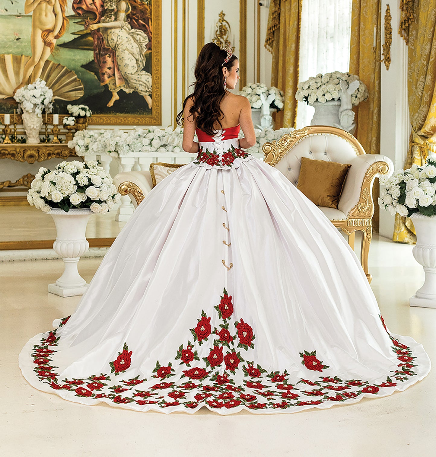 Quinceañera | White Red Charro Traditional Ball Gown with Embroidered Floral Accents | Xuxa dress back