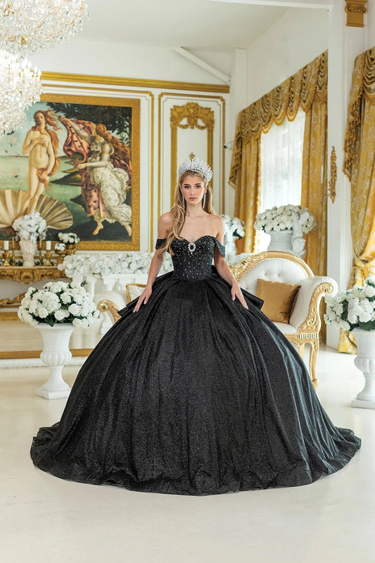 Front view of a Black quinceañera gown with strapless neckline and corset bodice