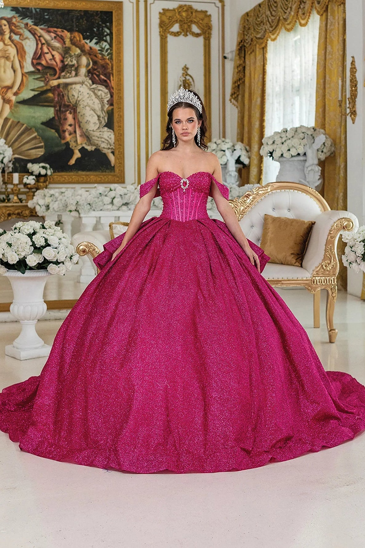 Alternate full-length front view of a Fuchsia quinceañera gown highlighting strapless neckline