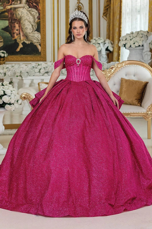 Front view of a Fuchsia quinceañera gown with strapless neckline and corset bodice