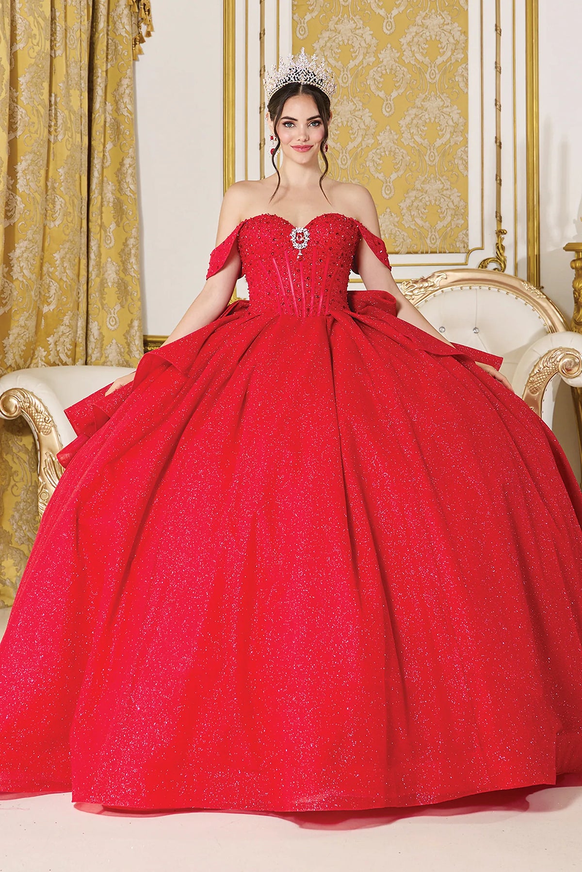 Front view of a Red quinceañera gown with strapless neckline and corset bodice