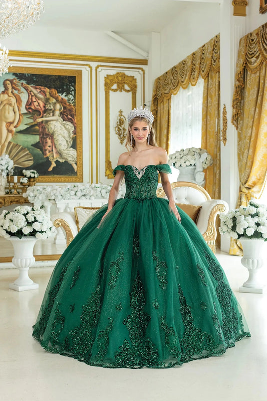 Front view of a Hunter Green quinceañera gown with off-the-shoulder neckline, beaded bodice, and full tulle skirt