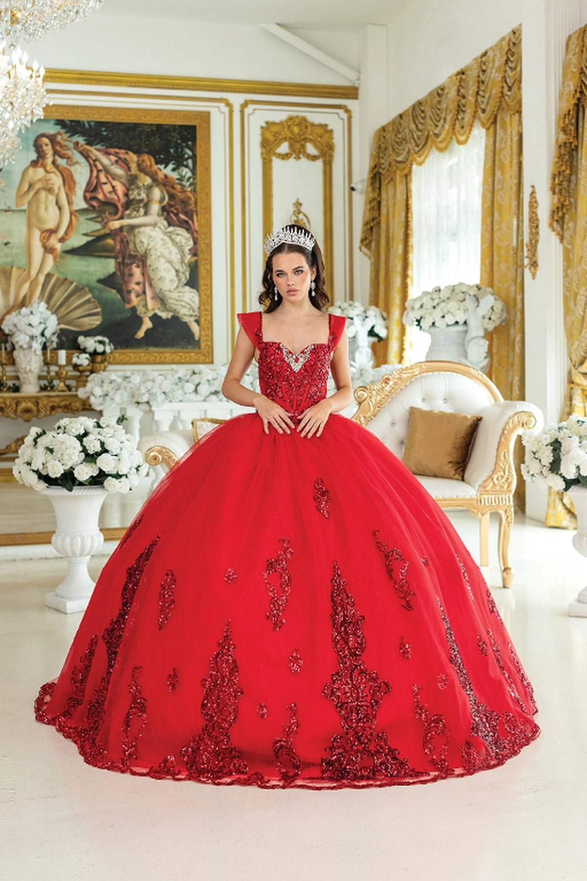 Front view of a Red quinceañera gown with off-the-shoulder neckline, beaded bodice, and full tulle skirt