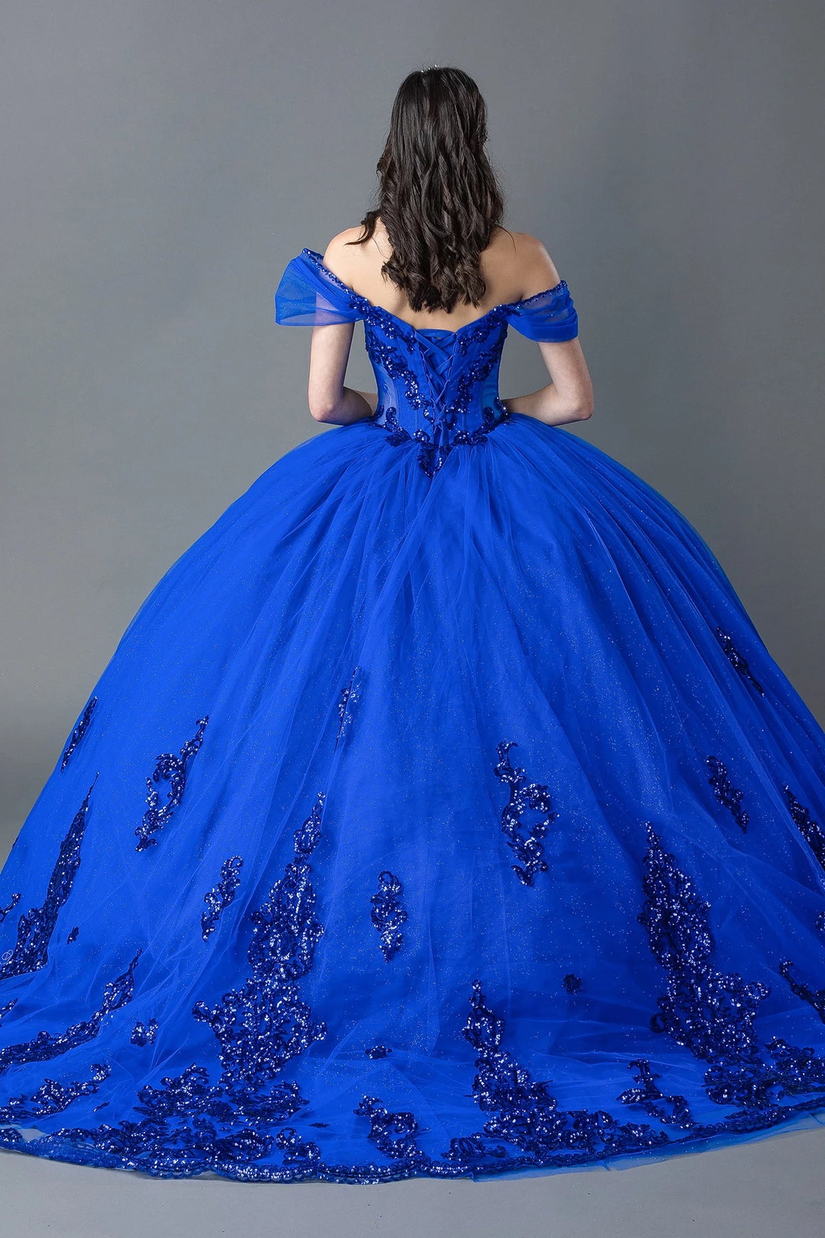 Revealing corset lacing above its embellished train, this Royal Blue quinceañera ball gown is shown from the back.