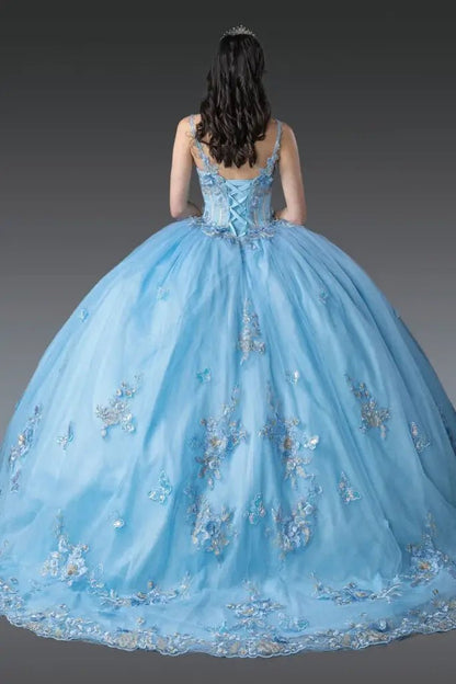 Back view of Bahama blue quinceañera ball gown showcasing lace-up corset back, sheer tulle shoulder drapes, butterfly appliqués, full ball gown skirt, and elegant silhouette photographed in studio lighting
