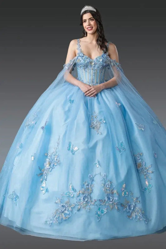 Front view of Bahama blue quinceañera ball gown featuring sweetheart corset bodice, delicate shoulder straps, butterfly appliqués, sheer tulle overlay, voluminous skirt, and tiara styling photographed in studio
