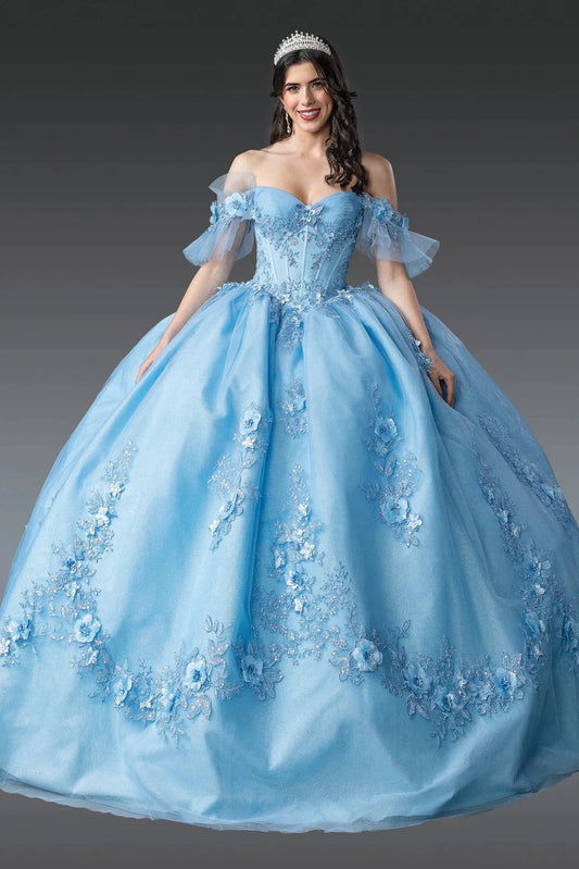 Front view of a Bahama Blue quinceañera gown with off-the-shoulder neckline, puff sleeves, and embroidered lace