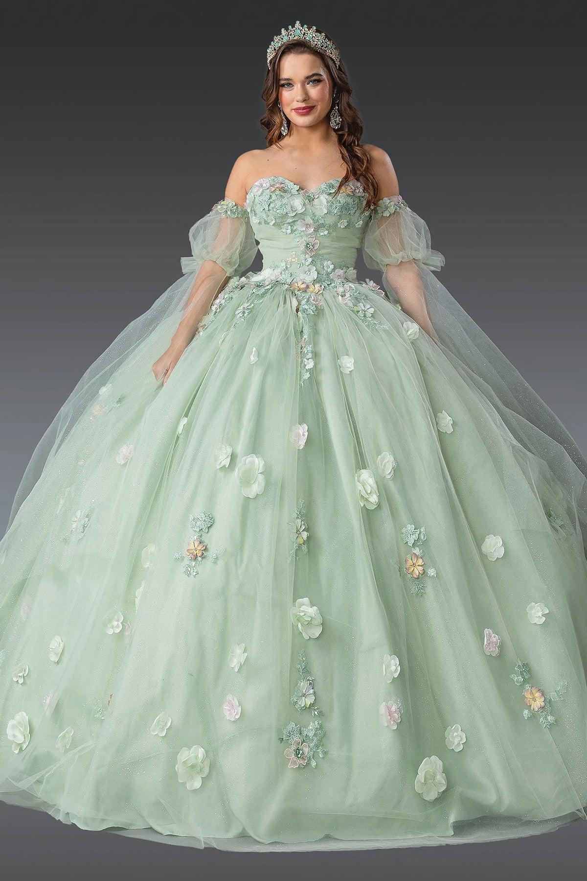 Front view of a Sage quinceañera gown with off-the-shoulder neckline and puff sleeves