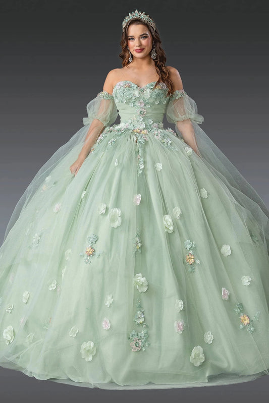 Front view of a Sage quinceañera gown with off-the-shoulder neckline and puff sleeves