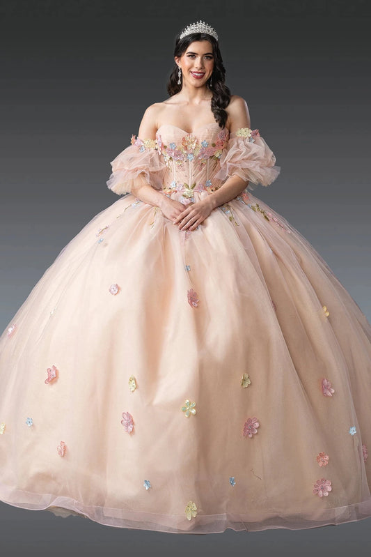 Front view of a Champagne quinceañera gown with off-the-shoulder neckline, puff sleeves, and floral appliqués