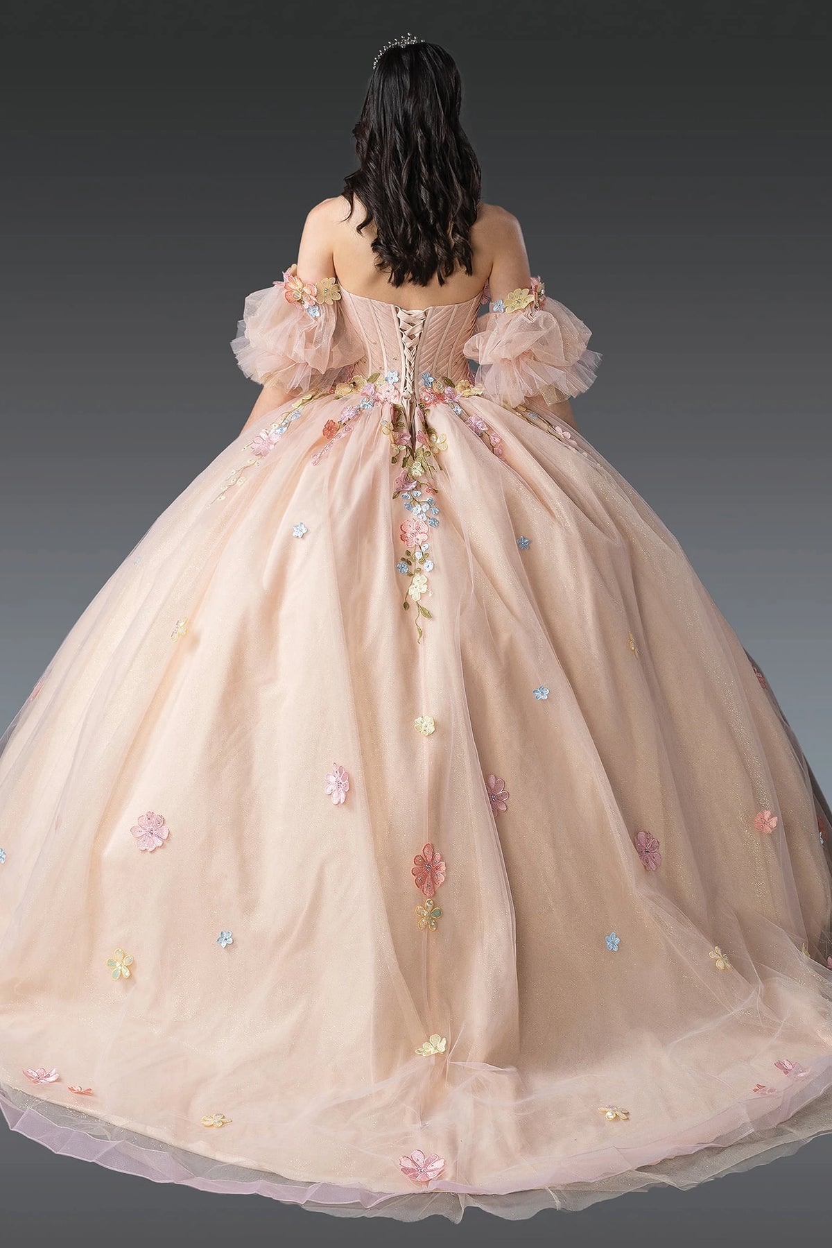 Back view of a Champagne quinceañera gown showing lace-up back, puff sleeves, and floral appliqués