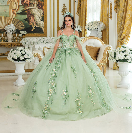 Quinceañera | Sage Sophisticated Ball Gown with Sheer Puffed Sleeves and Floral Appliques | Carlina dress
