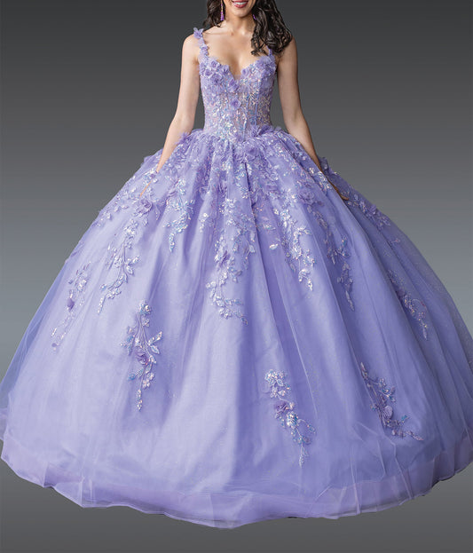 Quinceañera | Lilac Elegant V-Neck Ball Gown with Embroidered Floral Details and Sheer Overlay | Amaris dress front
