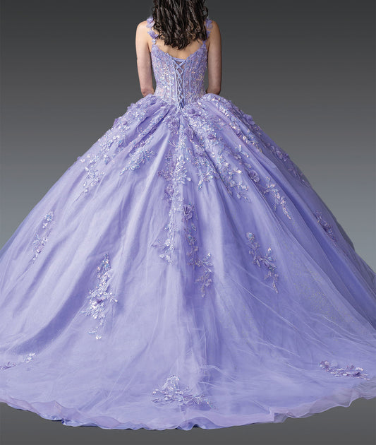 Elegant V-Neck Ball Gown with Embroidered Floral Details and Sheer Overlay | Amaris dress back