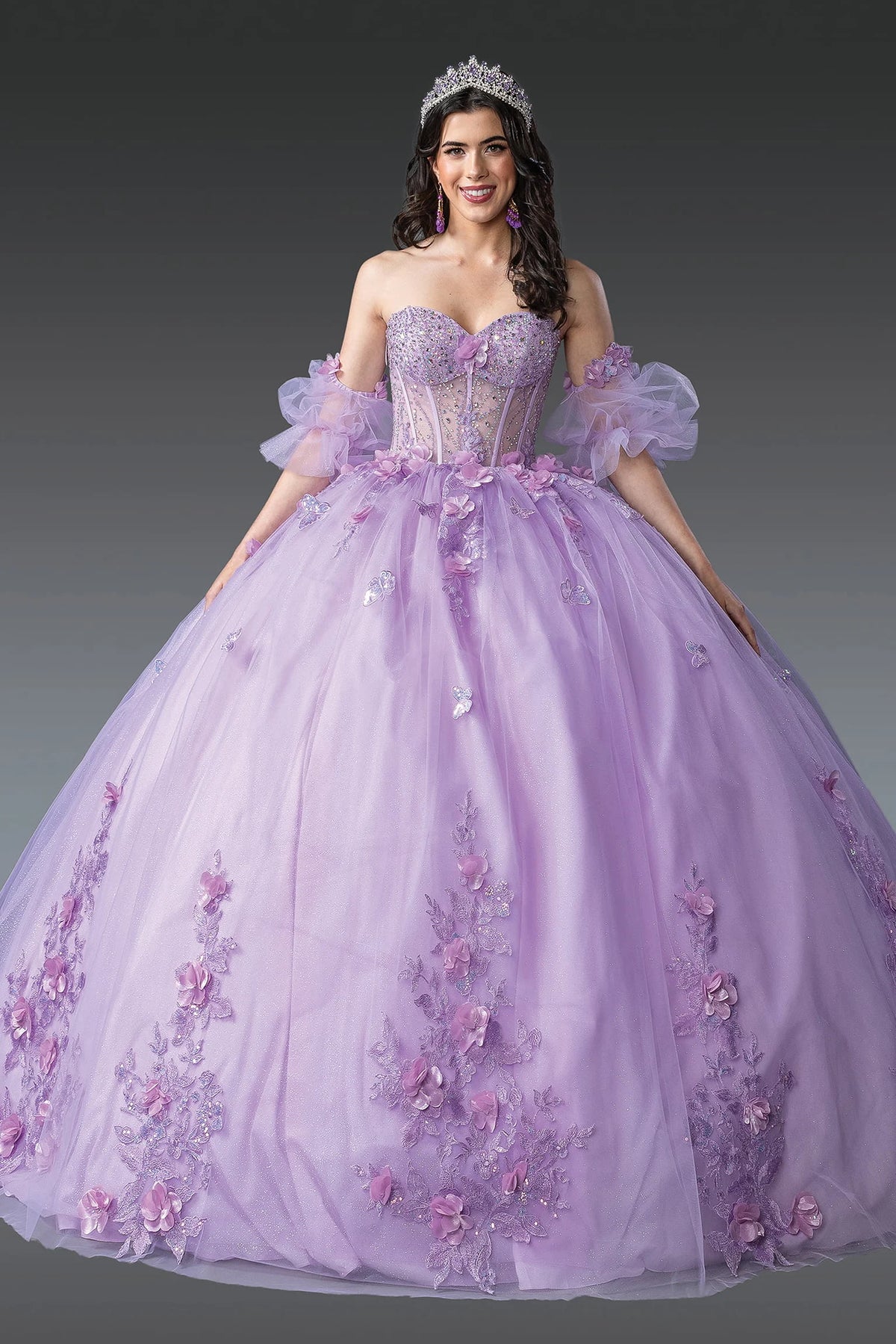 Front view of a Lilac quinceañera gown with sweetheart neckline, puff sleeves, and floral embroidery