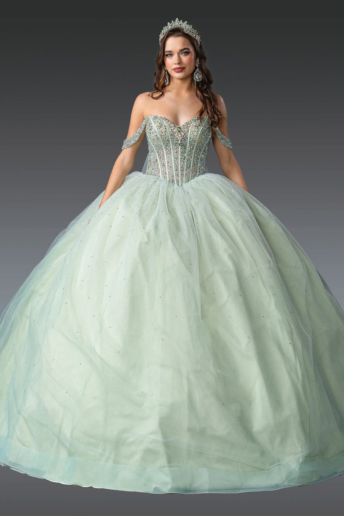 Front view of a Mint quinceañera gown with off-the-shoulder neckline and beaded corset bodice