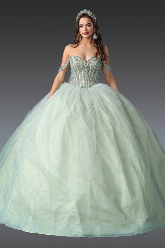 Front view of a Mint quinceañera gown with off-the-shoulder neckline and beaded corset bodice