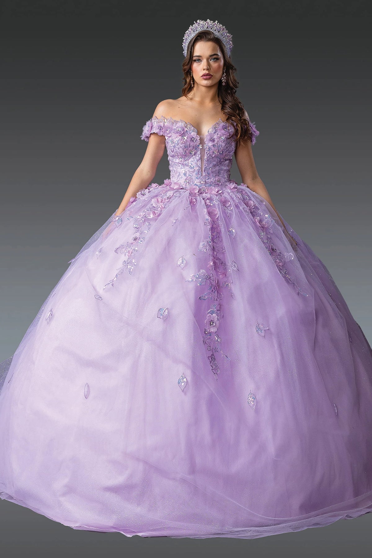 Front view of a Lilac quinceañera gown with off-the-shoulder neckline, sheer sleeves, and embellished bodice