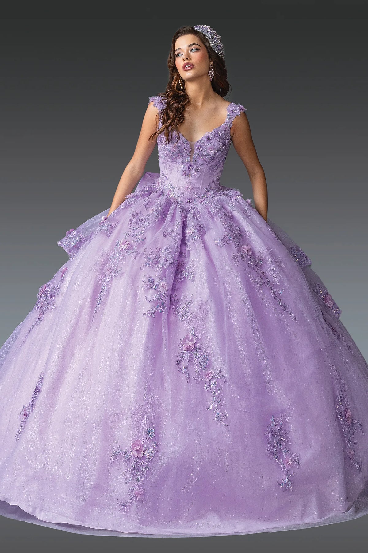 Front view of a Lilac quinceañera gown with cap sleeves, embroidered bodice, and floral embroidery