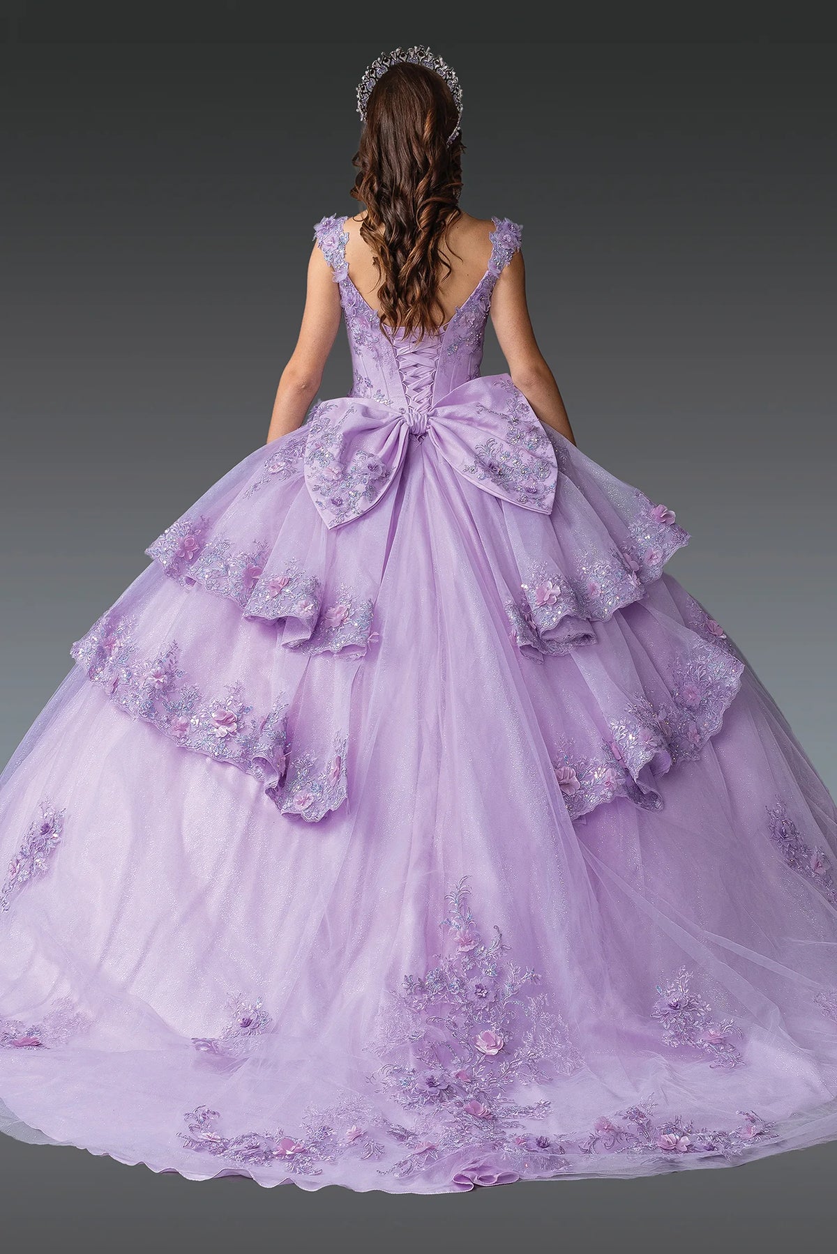 Back view of a Lilac quinceañera gown showing lace-up back, cap sleeves, and floral embroidery
