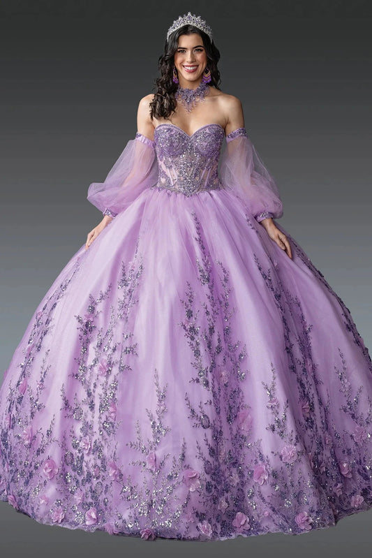 Front view of a Lilac quinceañera gown with off-the-shoulder neckline, puff sleeves, beaded bodice, and floral appliqués