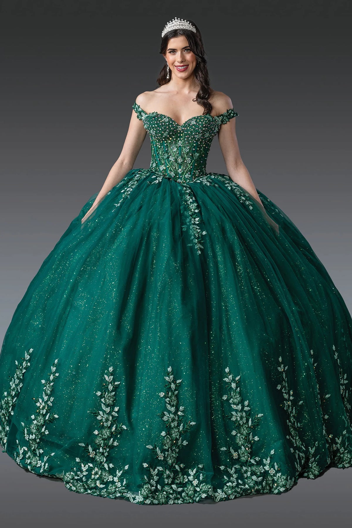 Front view of a Hunter Green quinceañera gown with off-the-shoulder neckline and floral appliqués
