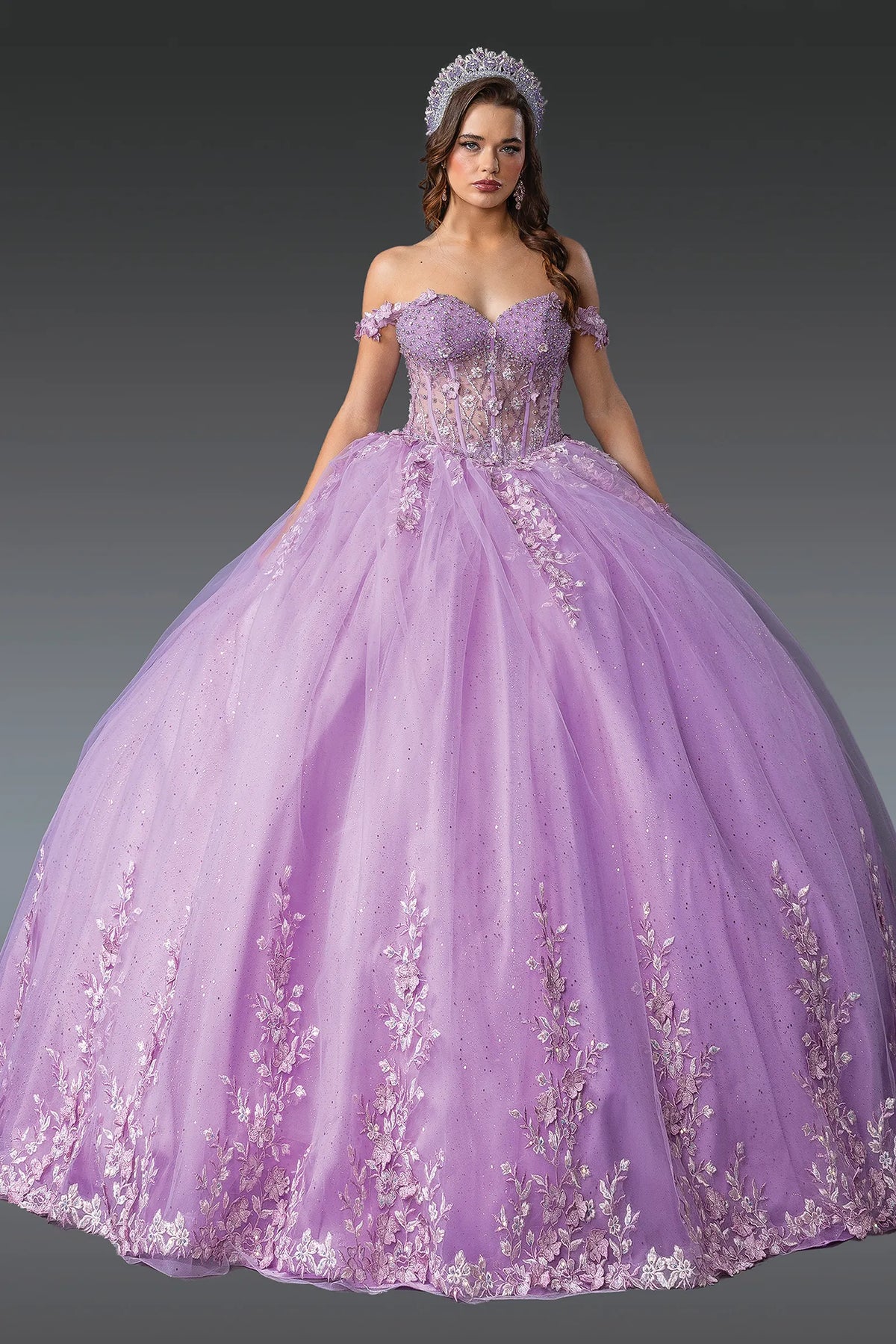 Centered front view of a Lilac quinceañera gown with off-the-shoulder neckline and floral appliqués