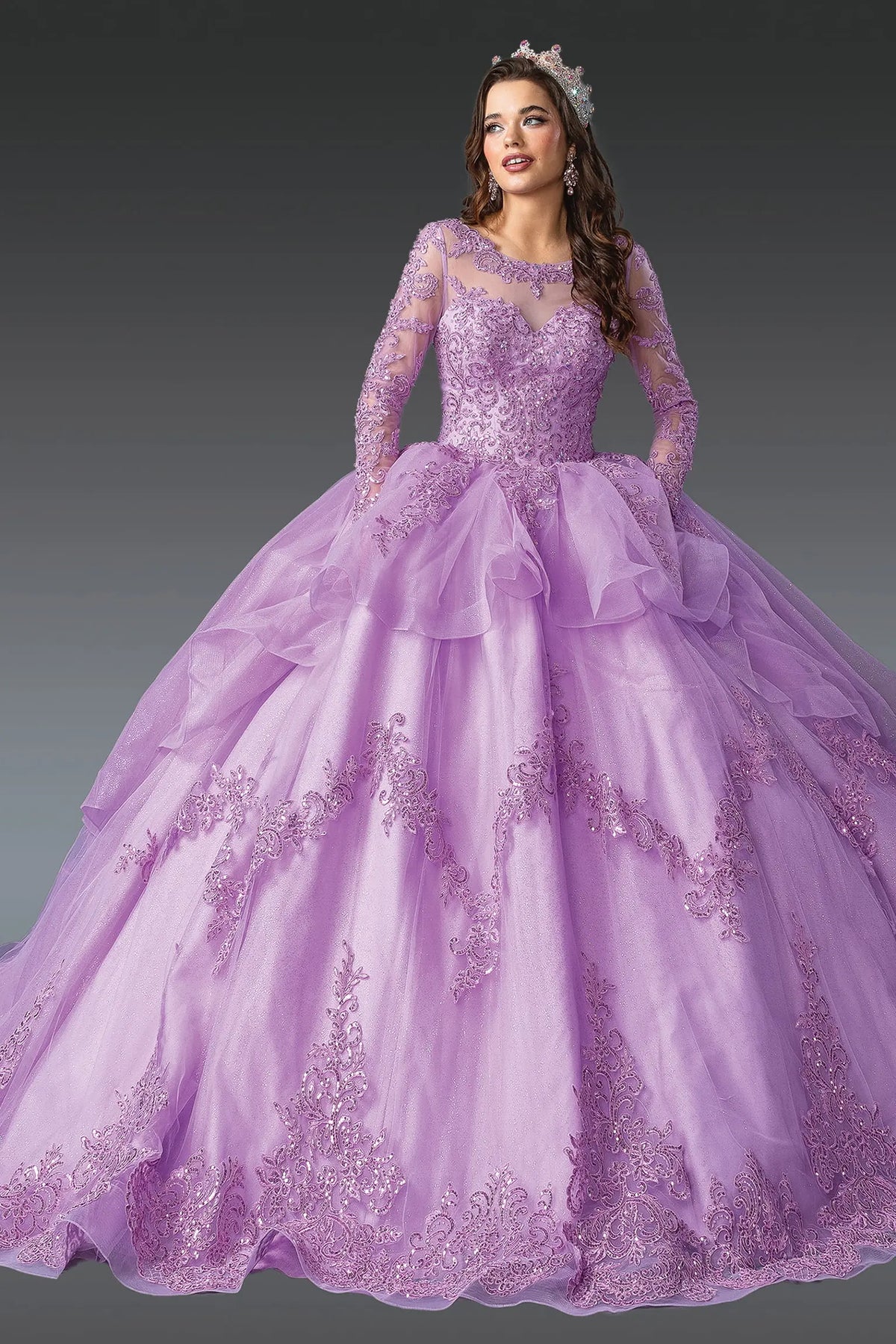Front view of a Lilac quinceañera gown with long sleeves and embroidered lace
