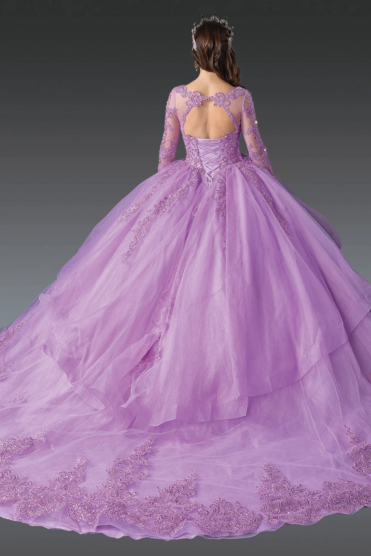 Back view of a Lilac quinceañera gown showing lace-up back, long sleeves, and embroidered lace