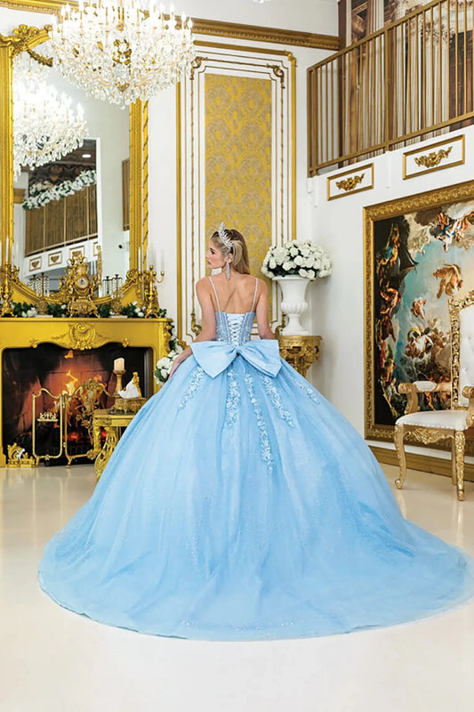 Back view: Light blue quinceañera ball gown back view with lace-up corset, oversized bow detail, floral appliqués, and voluminous tulle skirt