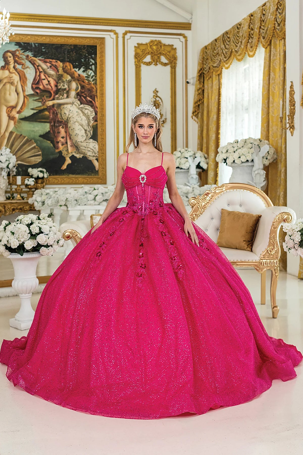 Fuchsia beaded quinceanera dress, full front view