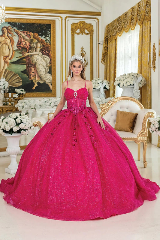 Fuchsia beaded quinceanera dress, full front view