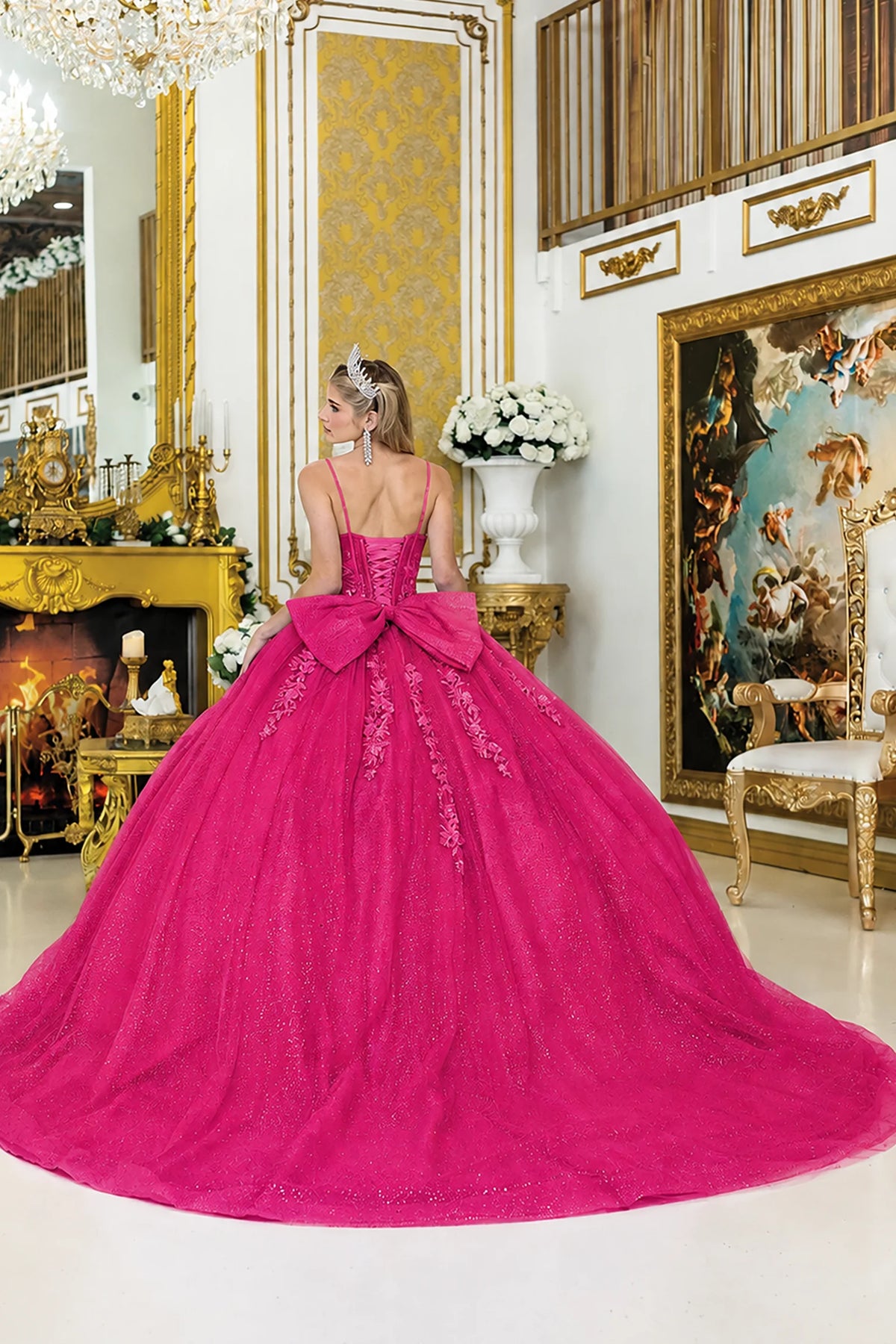 Fuchsia beaded quinceanera dress, back view with lace-up closure