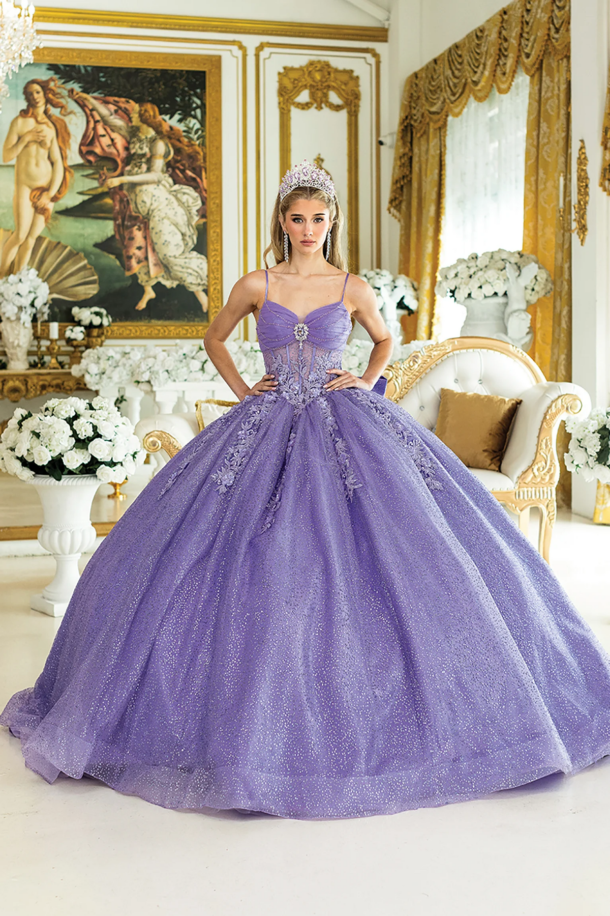 Lilac beaded quinceanera dress, full front view