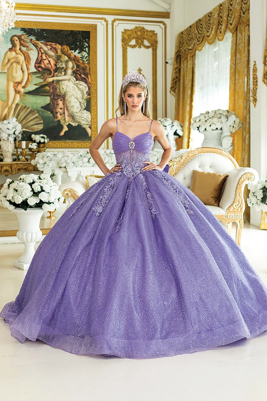 Lilac beaded quinceanera dress, full front view