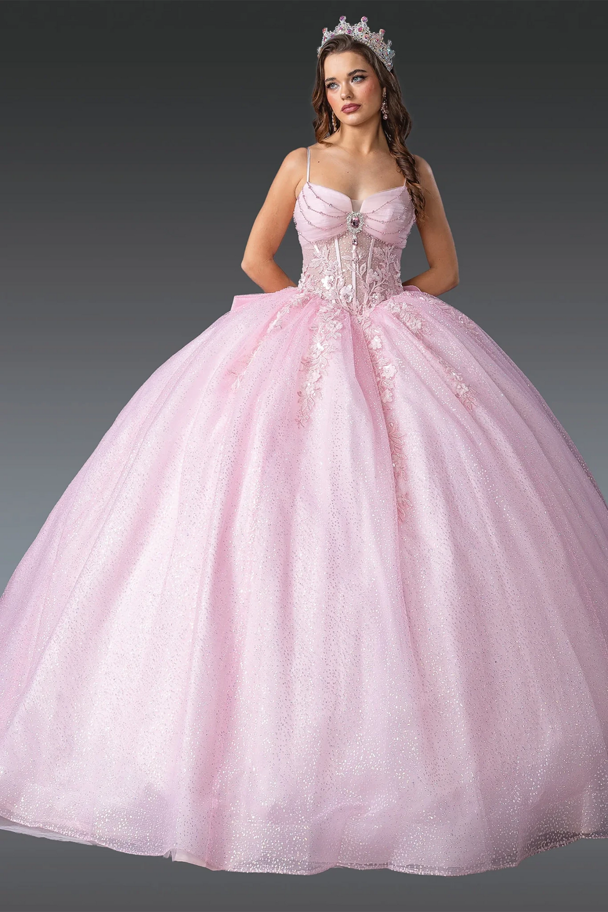 Pink beaded quinceanera dress, full front view