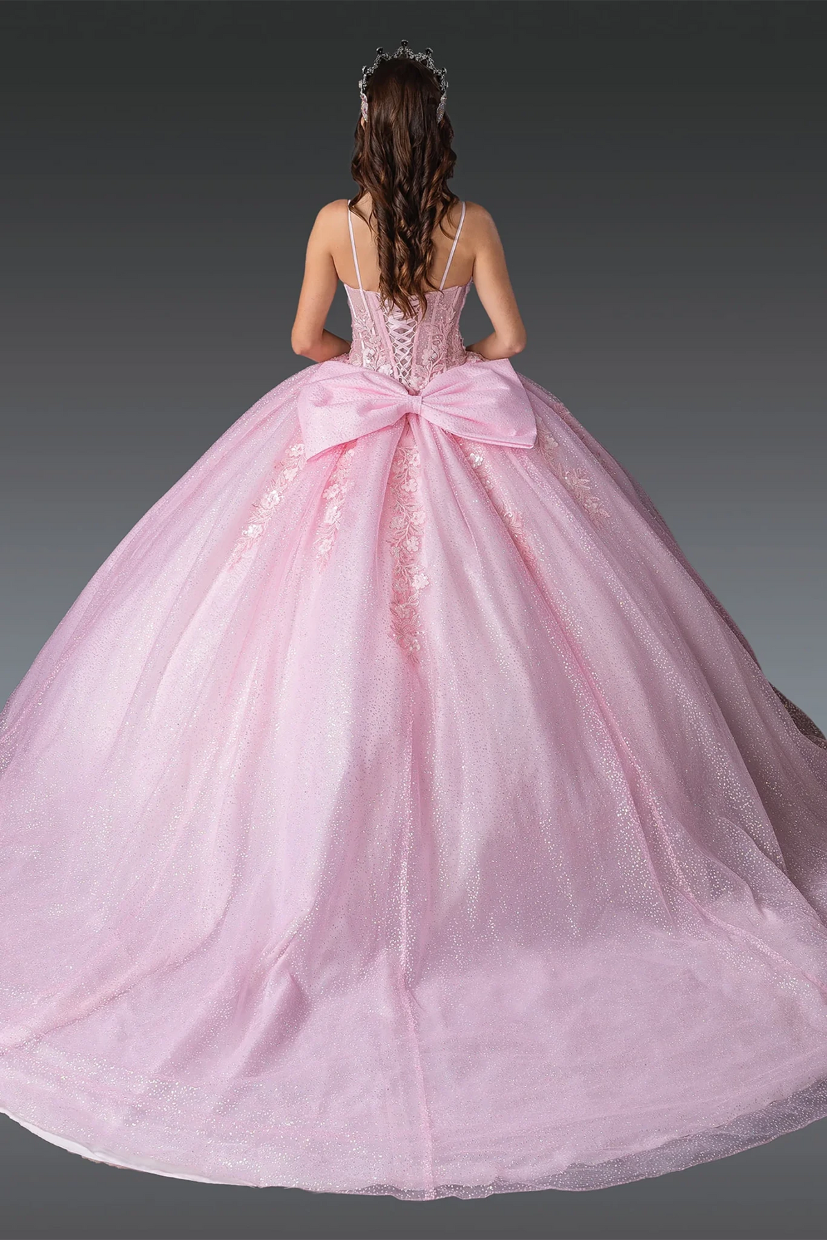 Pink beaded quinceanera dress, back view with lace-up closure
