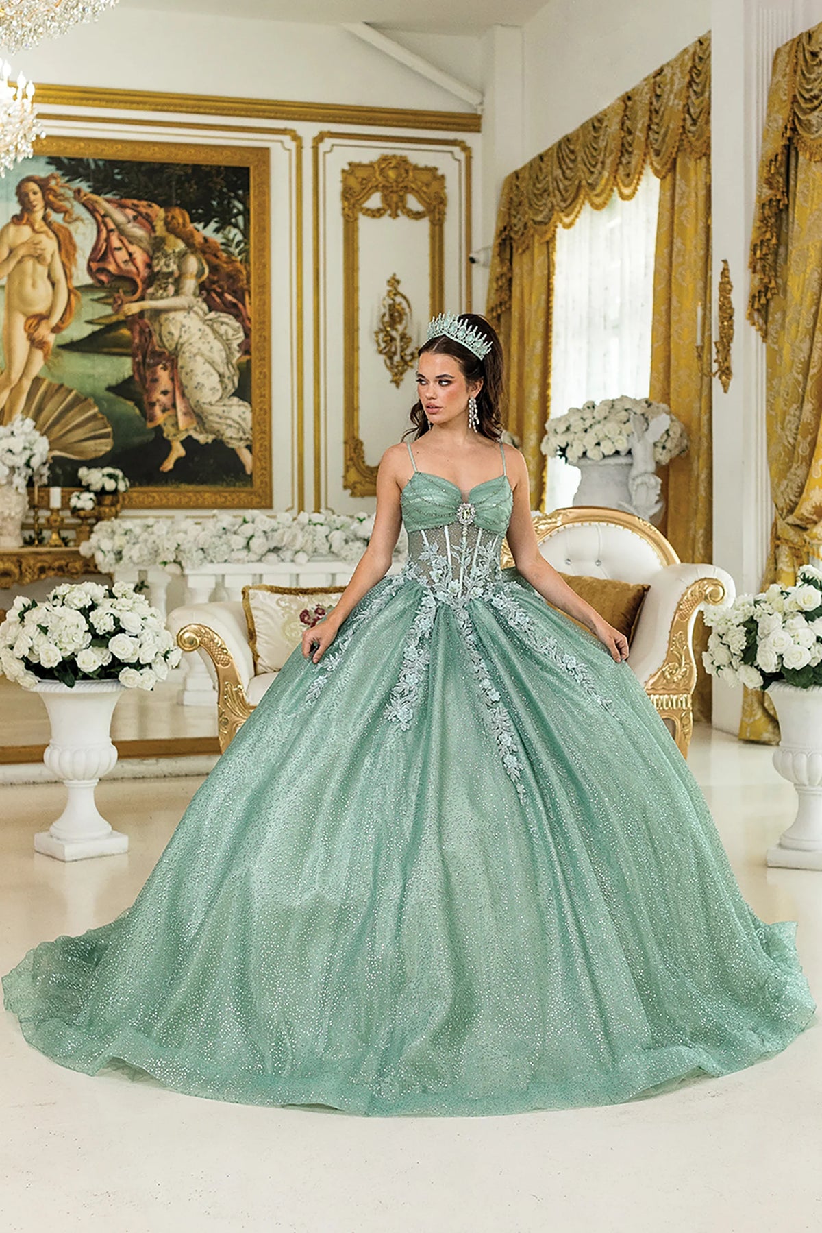Sage beaded quinceanera dress, full front view