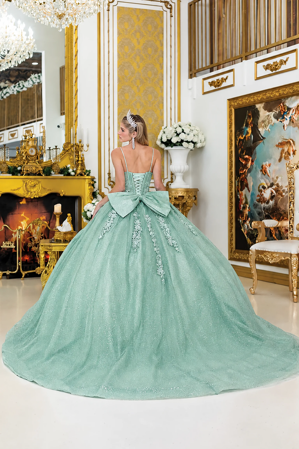 Sage beaded quinceanera dress, back view with lace-up closure