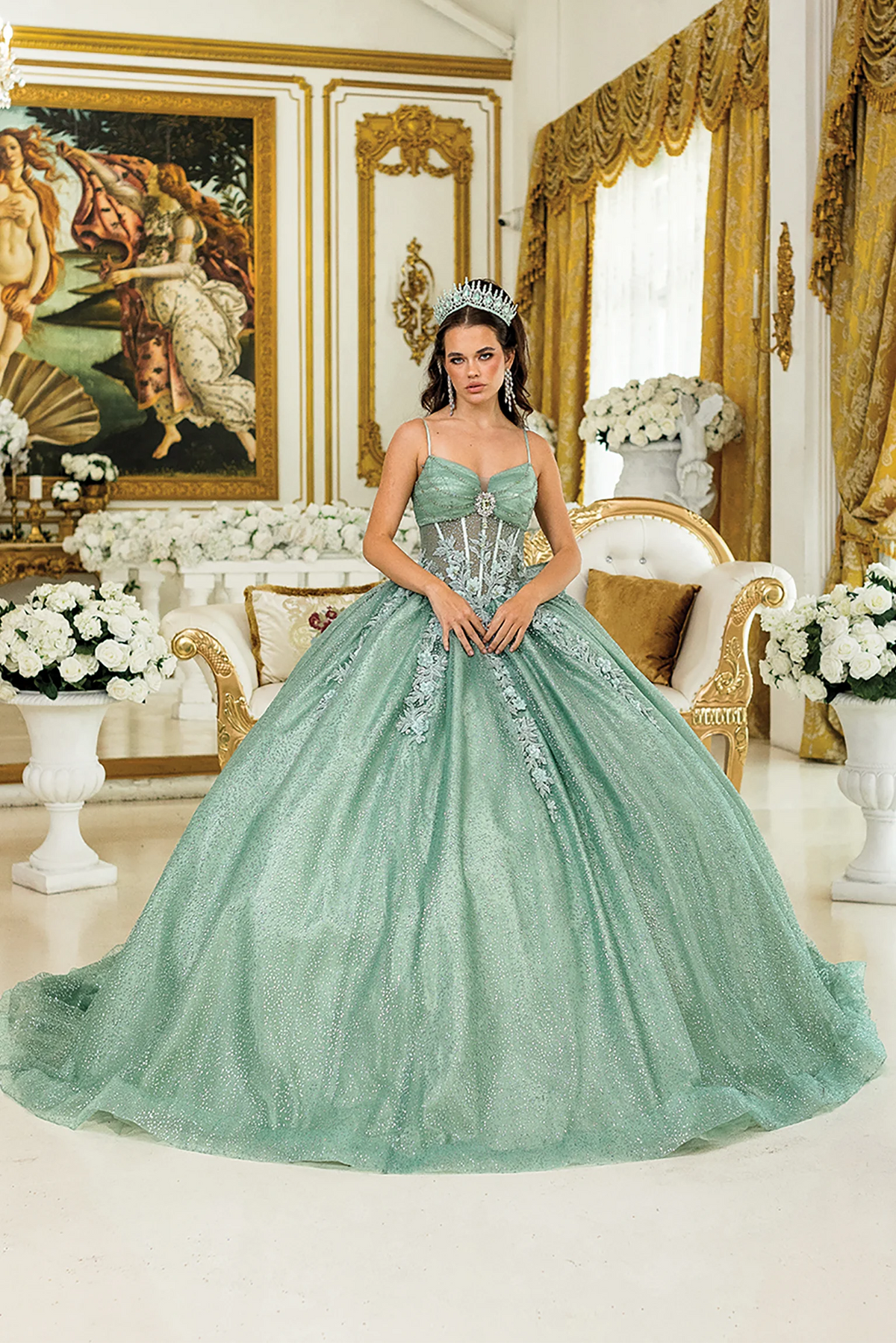 Sage beaded quinceanera dress, additional front view