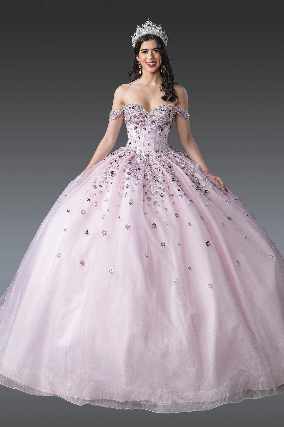 Full-length front view of a Blush quinceañera gown with off-the-shoulder neckline and crystal accents
