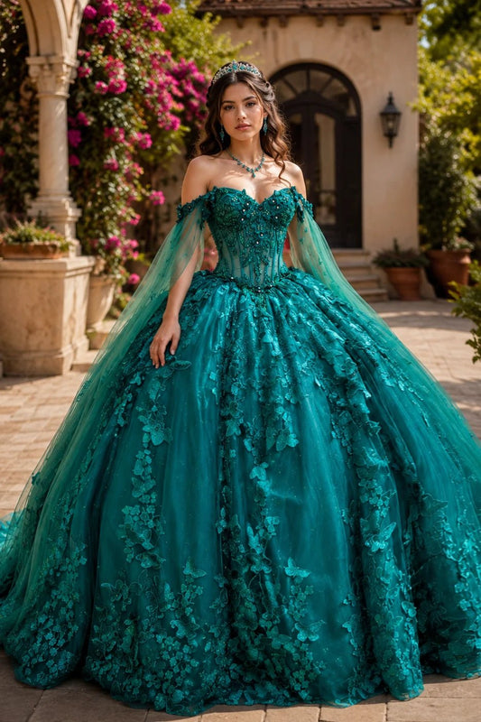 hunter green quinceanera dress with floral and butterfly embroidery, beaded bodice, and voluminous layered tulle skirt