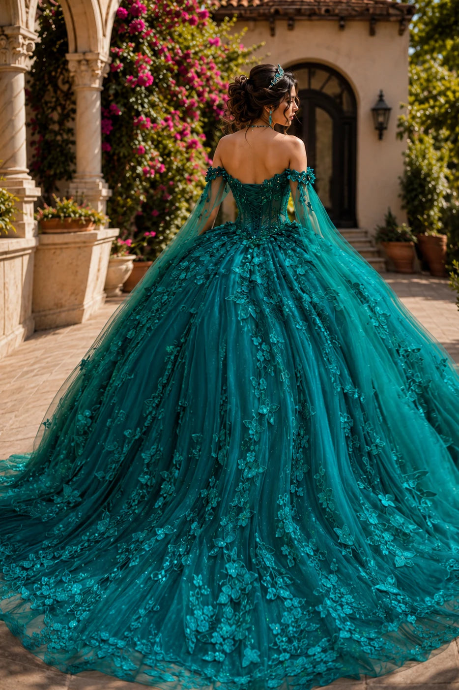 hunter green quinceanera dress with lace-up corset back, butterfly applique sheer cape, and chapel-length train
