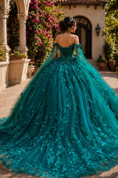 hunter green quinceanera dress with lace-up corset back, butterfly applique sheer cape, and chapel-length train