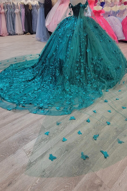 hunter green quinceanera dress with layered glitter tulle skirt, floral embroidery, and chapel-length train