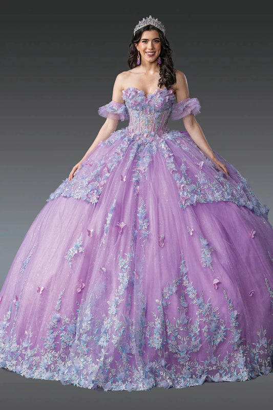 Front view of a Lilac quinceañera gown with strapless neckline, floral embroidery, and ruffled layered skirt