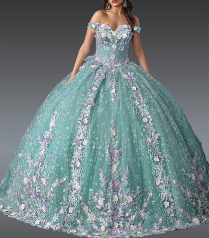 Quinceañera | Quinceañera | Sage Multi Ball Gown with Layered Ruffles and Embroidered Floral Accents | Anel dress