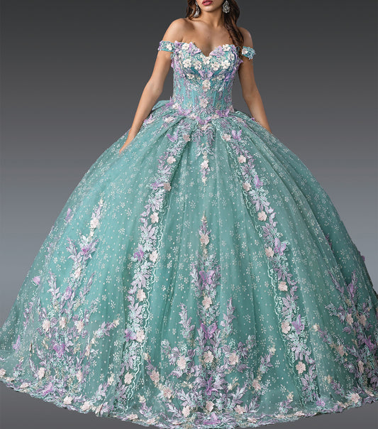Quinceañera | Quinceañera | Sage Multi Ball Gown with Layered Ruffles and Embroidered Floral Accents | Anel dress